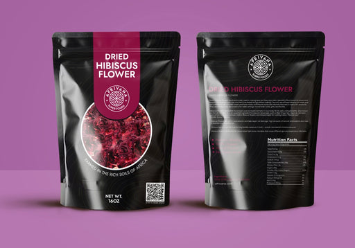 Vibrant dried hibiscus flowers in a well sealed custom resealable pouch
