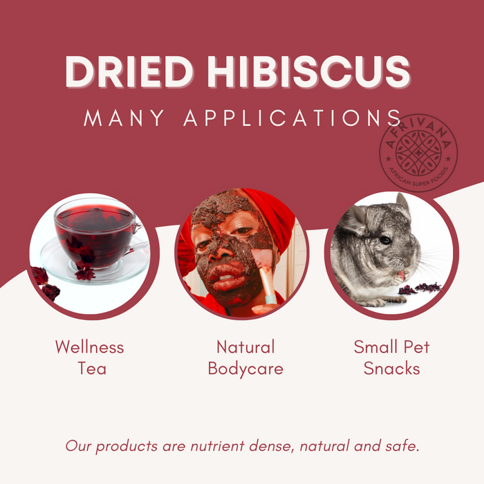 Vibrant dried hibiscus flowers. Try hibiscus as a wellness tea, hibiscus for natural bodycare, hibiscus for pets 